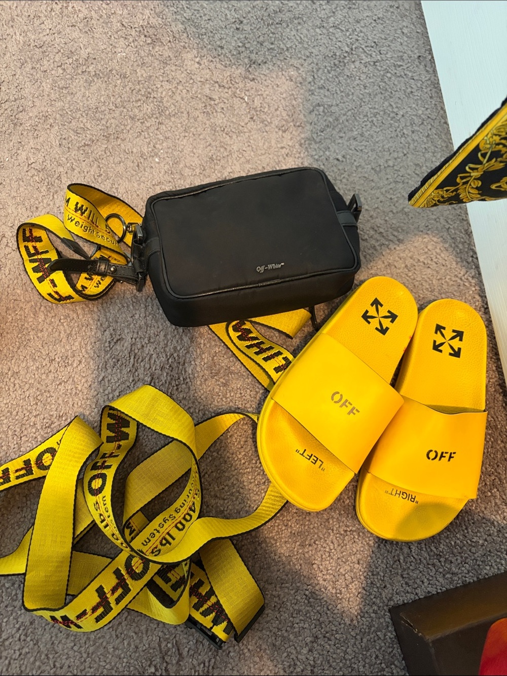 3 ITEMS Off-White Black Crossbody Bag  Yellow Brander Strap, Slides (38), Belt